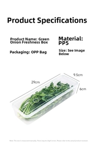 Detailed view of clear PP5 food storage box with size 29x9.5x6cm