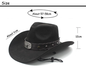 Black western cowboy hat featuring size dimensions, brown leather strap, and bull head buckle
