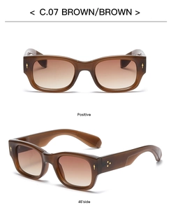 Brown rectangular sunglasses detail with arrow rivets and polished finish in dual angles
