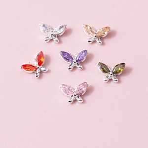 Mini butterfly nail art charms with colorful marquise zircons and silver alloy base