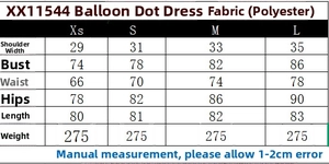 Tableau des tailles détaillé pour robe à pois avec mesures XS à L et détails du tissu