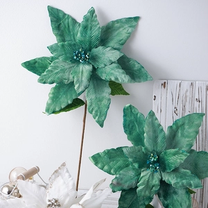 Deluxe 40cm green velvet artificial poinsettia with glitter petals and sequin core decor