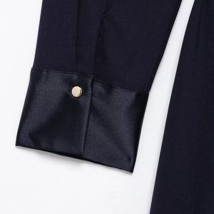 Workwear style navy dress featuring satin spliced cuffs and gold button accents