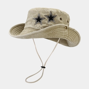 Washed Cotton Denim Bucket Hat With Rhinestone Stars Large Brim Sun Protection Outdoor Hiking For Women Retro Style