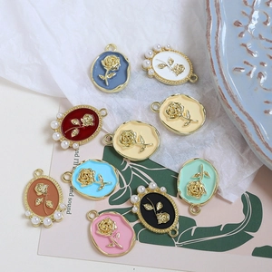 Vintage enamel rose charms with pearl borders in various colors for DIY jewelry making