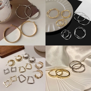 Minimalist Hoop Earrings For Women Alloy Geometric Hammered Textured C Shape Jewelry With Silver Earring Post