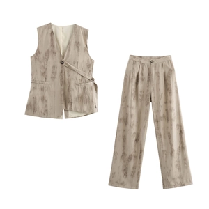 Set coordinato donna con gilet e pantaloni a gamba larga beige e motivo vintage testurizzato