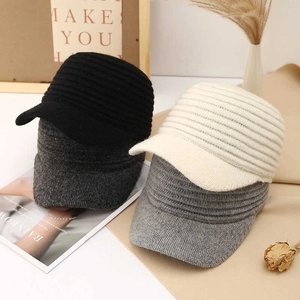 Women's knitted visor beanie collection in black, grey, and cream for autumn winter