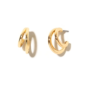 Polished gold double layered C-shaped hoop earrings with minimalist geometric design