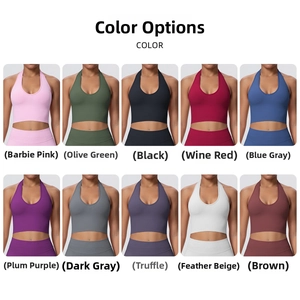 Detail view of seamless yoga sports bras in 10 colors including pink, green and black