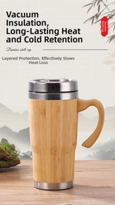 Close-up of bamboo vacuum flask with wooden handle on a wooden surface with scenery background