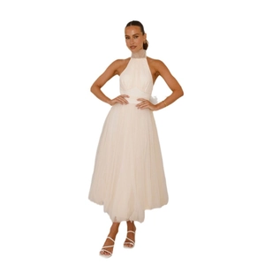 Elegant cream mesh halter neck maxi dress featuring a layered aesthetic and flowing hem