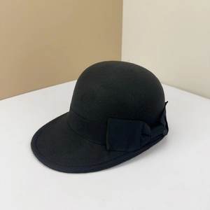 Elegant Women Equestrian Hat Wool Felt Bowknot Vintage Cloche Cap Winter Autumn Round Top Short Brim British Style