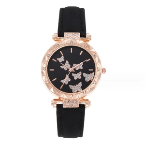 Elegant women's watch with butterfly motifs on black dial and black leather strap