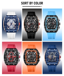 Multi-color silicone strap quartz chronographs shown in a professional 2x3 grid layout
