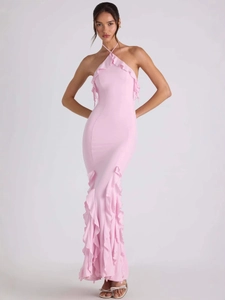 Robe Longue Dos Nu À Volants Sexy Coupe Ajustée Sirène Robe De Soirée Polyester Élasthanne Élégante Fête