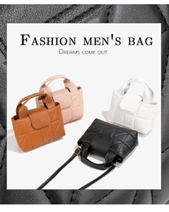 Detailed view of mini quilted crossbody bags in brown, pink, white and black colors
