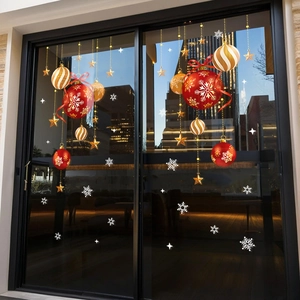 Stickers Fenêtre Noël PVC Statique Boules Or Rouge Flocons Neige Étoiles Double Face Sans Colle Déco