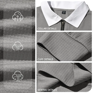 Men's quarter-zip polo sweatshirt in grey waffle knit with detailed collar and hem views