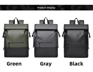 Three waterproof roll-top backpacks in green, grey, and black with front zipper pockets