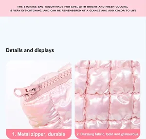 Close-up of pink iridescent quilted fabric and durable metal zipper on puffy makeup bag