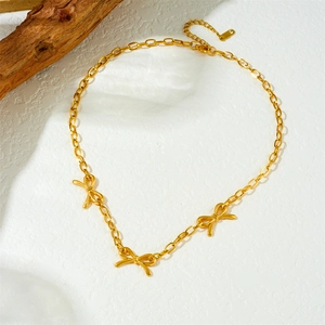 Punk vintage gold plated stainless steel cross chain necklace with three bow pendants