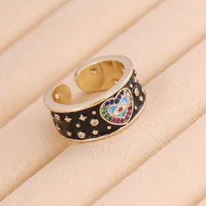 Bohemian black enamel evil eye heart ring with colorful zircon in gold finish