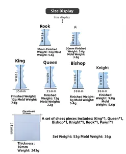 Size chart showing height and weight for 3D chess pieces and board silicone molds