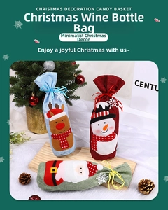 Detailed close-up of cartoon Christmas wine bags with Santa and reindeer on a wooden tray