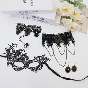 Gothic black lace masquerade mask set with choker and gemstone earrings for party