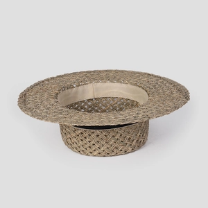 Elegant handcrafted flat top woven straw hat with wide brim for women summer vacations