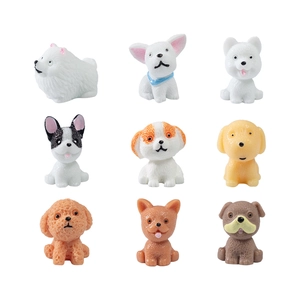 Set of 9 miniature resin puppy figurines in various breeds and colors on white background