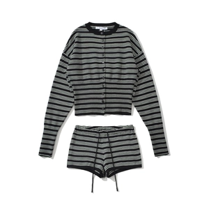 Women's black and white striped knit set with cardigan and drawstring shorts