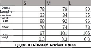 Size chart for pleated pocket dress with bust, waist and length measurements in cm