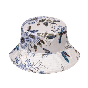 Floral bucket hat with bird prints and satin finish for sun protection and stylish look