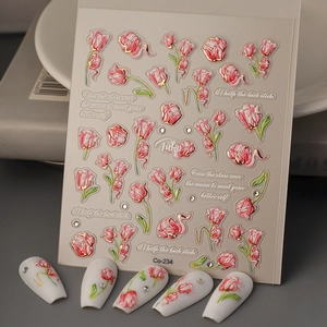 Pink Tulip Nail Art Stickers 5D Embossed Flower Gold Foil Self Adhesive Manicure Decoration For Women