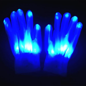 Detailed view of LED glowing gloves with vibrant blue light effect and knit texture