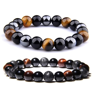 Close-up of 8mm hematite, obsidian, and tiger eye stone beads on yoga energy bracelets