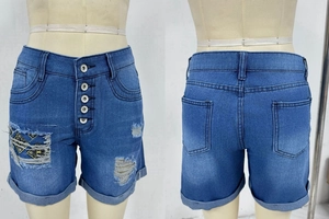 Detail view of blue denim shorts featuring ethnic embroidery and button fly closure