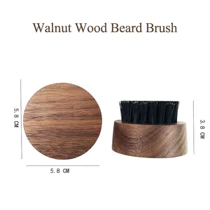 Curved walnut wood beard brush with dense black bristles for men's facial grooming tool