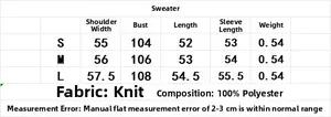 Size chart showing S-L measurements for flower button lantern sleeve knit cardigan