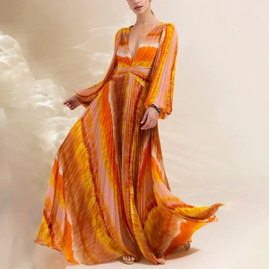 Elegant V-neck long-sleeve maxi dress with vibrant orange and pink tie-dye pleated design