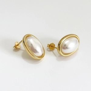 Oval Shell Artificial Pearl Stud Earrings With 925 Sterling Silver Earring Post Gold Plated Retro French Style For Women