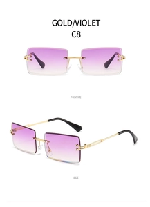 Detail view of rimless square sunglasses with violet gradient lenses and gold spiral temples