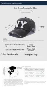 Size chart showing baseball cap dimensions with 56-60cm circumference and wash denim texture