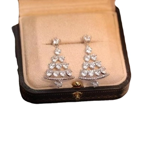 Elegant Christmas tree drop earrings with sparkling white zircons in a vintage jewelry box