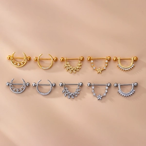 Set of 10 stainless steel nipple rings with moon star leaf designs in gold and silver