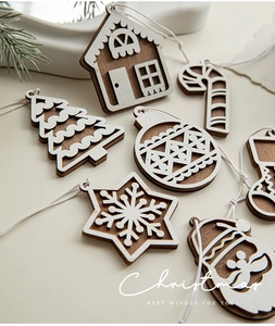 Detailed set of Nordic wooden Christmas ornaments with festive white engraved patterns