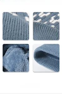 Detail showing the thick blue plush lining and premium knit texture of the winter hat