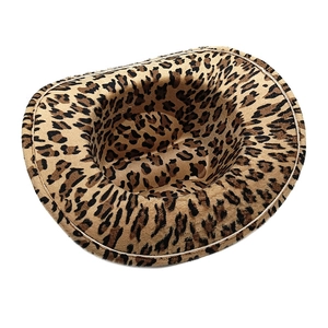Detail of leopard print western cowboy hat with decorative white stitching on wide brim